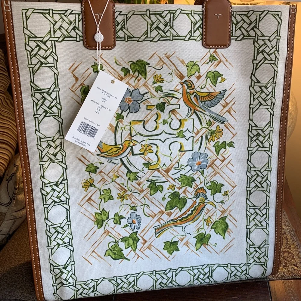 Authentic TORY BURCH Leather/Cotton printed magnetic snap long Tote - Picture 2 of 12